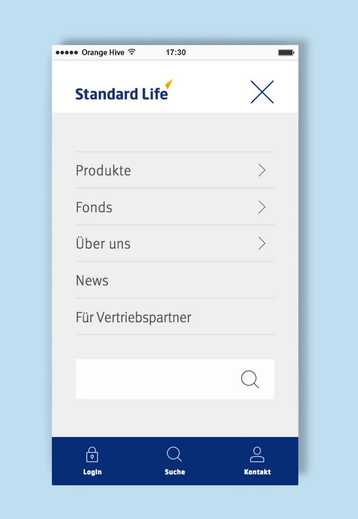 Standard Life Versicherung TYPO3-Website Relaunch: Menü Mobile Screen